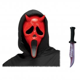 Adult Fun World® Devil Face RED Mask with Hood + Bloody Blade 