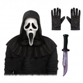 Adult Ghost Face® 25th Anniversary DELUXE White Mask + Bloody Blade + Black Gloves