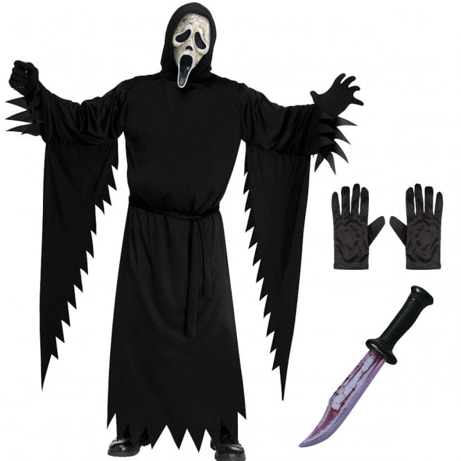 Adult Ghost Face *AGED* Costume *PLUS SIZE* + Bloody Blade + Black Gloves