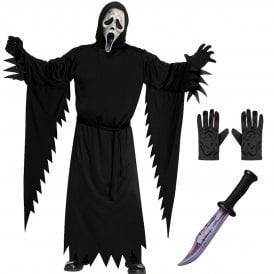 Adult Ghost Face *AGED* Costume *PLUS SIZE* + Bloody Blade + Black Gloves