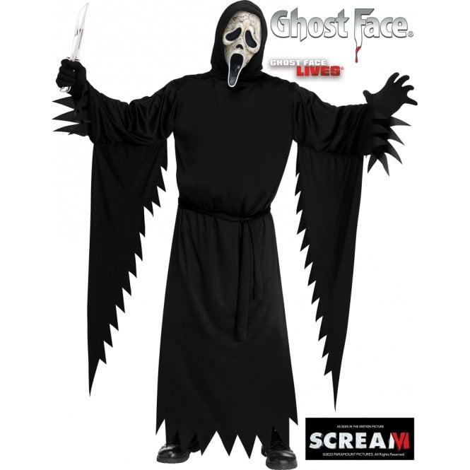 Adult Ghost Face AGED COSTUME (STD) + BLACK GLOVES