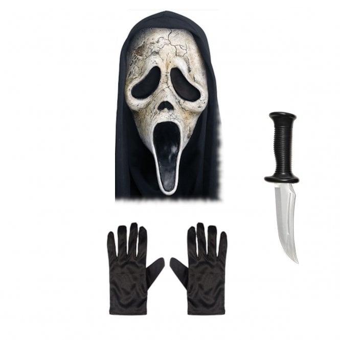 Adult Ghost Face® AGED Mask w Hood + HORROR Knife + Black Gloves