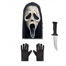 Adult Ghost Face® AGED Mask w Hood + HORROR Knife + Black Gloves