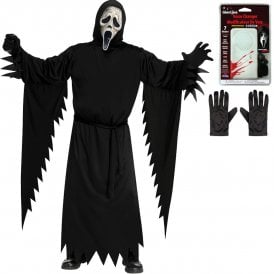 Adult Ghost Face® *AGED STD* Costume + Voice Changer + Black Gloves 	