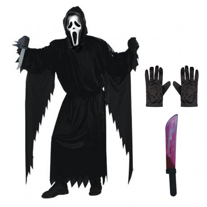Adult Ghost Face® CLASSIC STD Costume + Bleeding Machete + Black Gloves