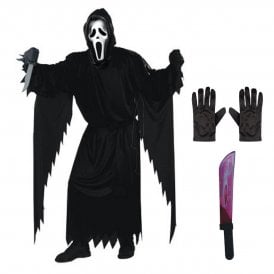 Adult Ghost Face® CLASSIC STD Costume + Bleeding Machete + Black Gloves