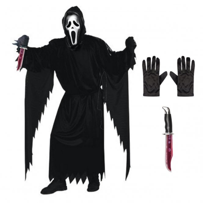 Adult Ghost Face® CLASSIC STD Costume + NEW BLEEDING BOWIE Knife + Black Gloves
