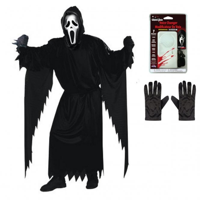 Adult Ghost Face® CLASSIC STD Costume + NEW Voice Changer + Black Gloves (3-PIECE)