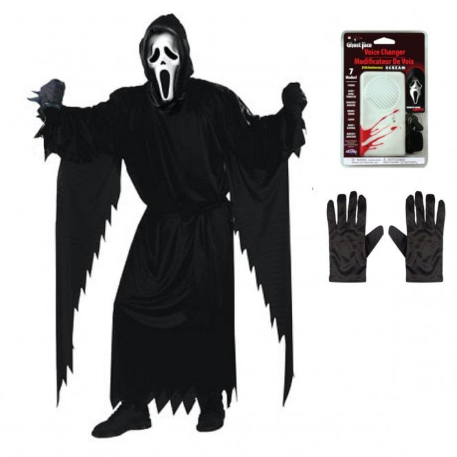 Adult Ghost Face® CLASSIC STD Costume + Voice Changer + Black Gloves