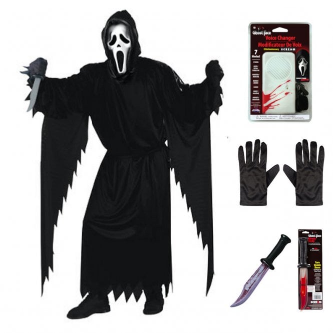 Adult Ghost Face® CLASSIC STD Costume + Voice Changer + Bloody Blade + Black Gloves
