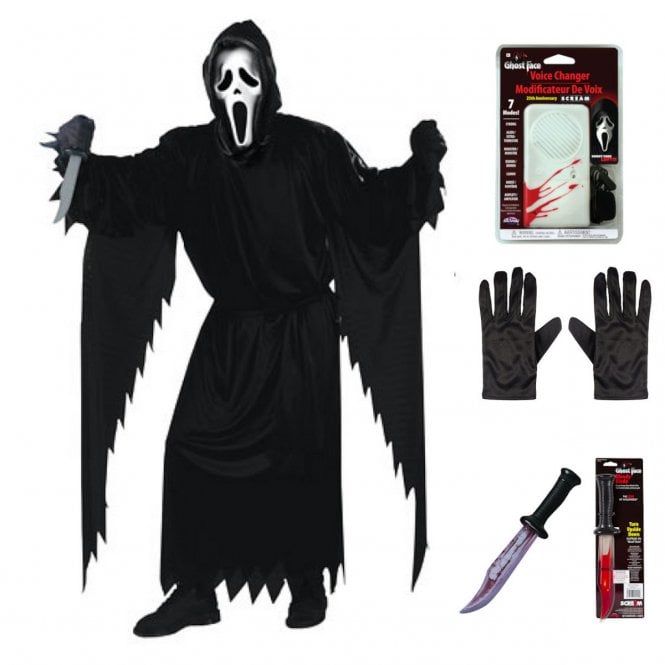 Adult Ghost Face® CLASSIC STD Costume + Voice Changer + Bloody Blade + Black Gloves