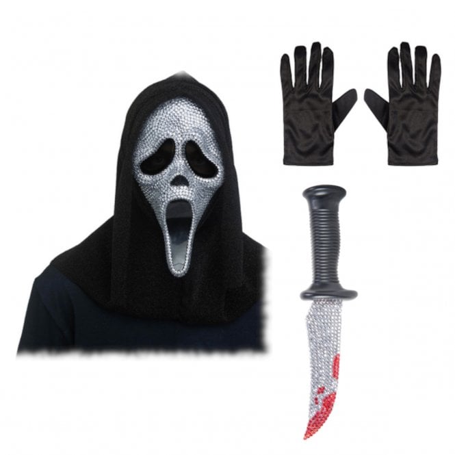 Adult Ghost Face® Deluxe CRYSTAL Bling Mask w Hood + BLING Knife + Black Gloves