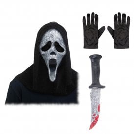 Adult Ghost Face® Deluxe CRYSTAL Bling Mask w Hood + BLING Knife + Black Gloves