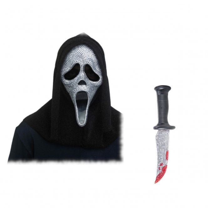 Adult Ghost Face® Deluxe CRYSTAL Bling Mask w Hood + BLING Knife 