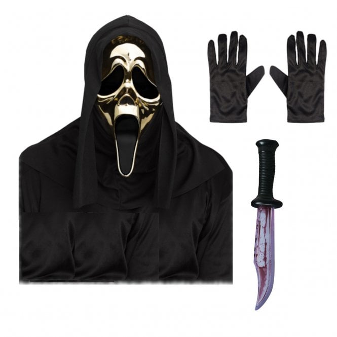 Adult Ghost Face® GOLDEN Metallic Mask + Bloody Blade + Black Gloves
