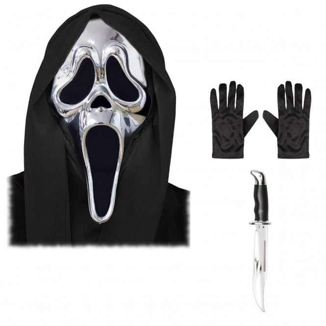 Adult Ghost Face® SILVER Chrome Mask + BOWIE Knife + Black Gloves