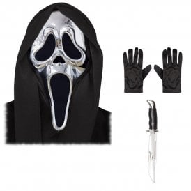 Adult Ghost Face® SILVER Chrome Mask + BOWIE Knife + Black Gloves