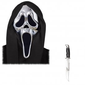Adult Ghost Face® SILVER Chrome Mask + BOWIE Knife 