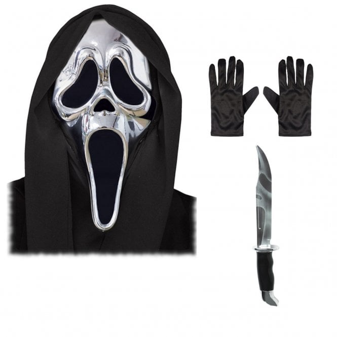 Adult Ghost Face® SILVER Chrome Mask + REFLECTION Knife + Black Gloves