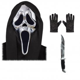 Adult Ghost Face® SILVER Chrome Mask + REFLECTION Knife + Black Gloves