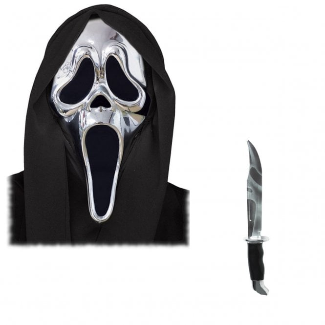 Adult Ghost Face® SILVER Chrome Mask + REFLECTION Knife