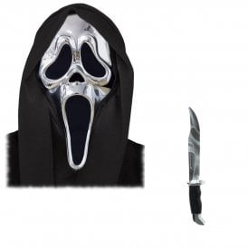 Adult Ghost Face® SILVER Chrome Mask + REFLECTION Knife