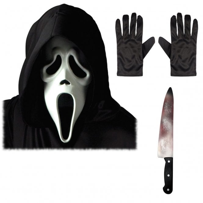 Adult Ghost Face® WHITE Mask w Hood + BUTCHER Knife + Black Gloves
