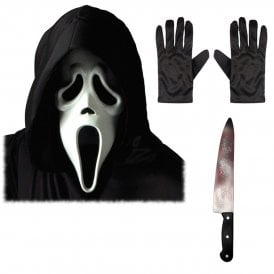 Adult Ghost Face® WHITE Mask w Hood + BUTCHER Knife + Black Gloves
