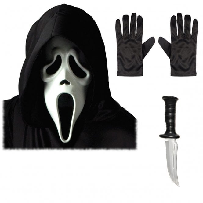 Adult Ghost Face® WHITE Mask w Hood + HORROR KNIFE + BLACK GLOVES