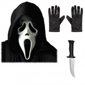 Adult Ghost Face® WHITE Mask w Hood + HORROR Knife + Black Gloves