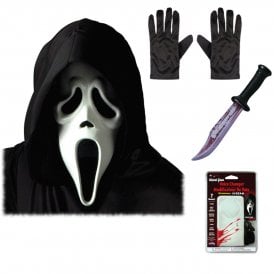 Adult Ghost Face® White Mask w Hood + Voice Changer + Bloody Blade + Black Gloves