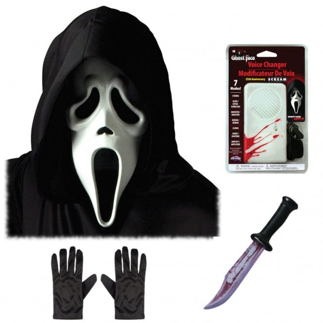 Adult Ghost Face® White Mask with Hood + NEW Voice Changer + Bloody Blade + Black Gloves