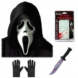 Adult Ghost Face® White Mask with Hood + NEW Voice Changer + Bloody Blade + Black Gloves