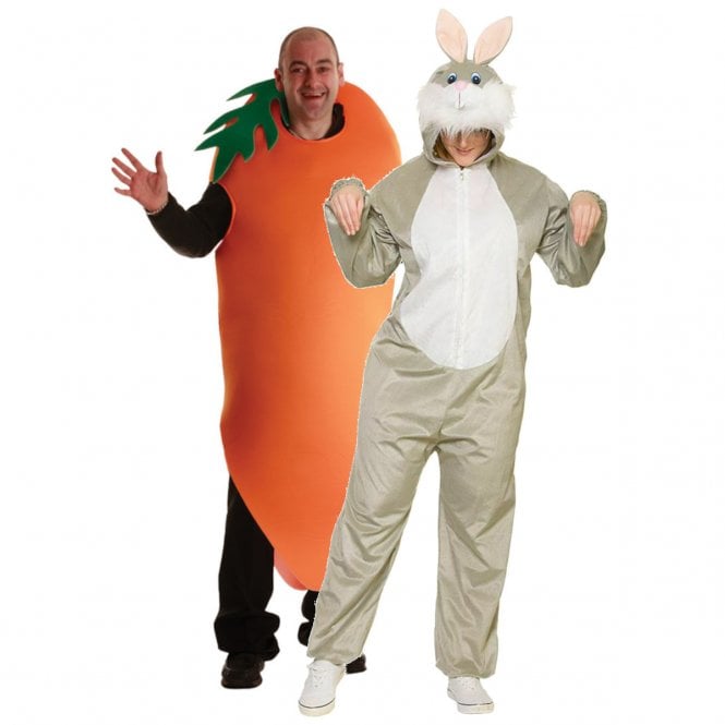 Adult Grey Easter Bunny Rabbit + Crazy Carrot Couples Costumes