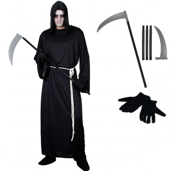 Adult Grim Reaper 3-Piece Costume Set (Robe, Belt, Black Gloves, Scythe) 