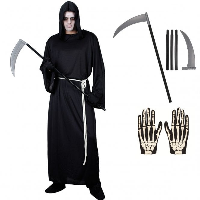 Adult Grim Reaper 3-Piece Costume Set (Robe, Belt, SKELETON Gloves, Scythe)