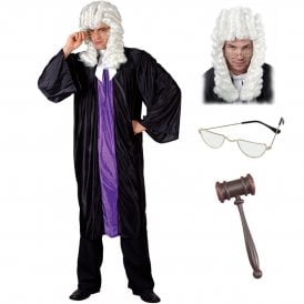 Adult High Court Judge Costume + High Court Judge Wig + Gavel + Specs
