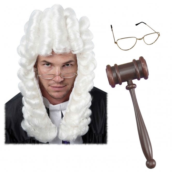 Adult High Court Judge Wig + Half Moon Specs + Gavel