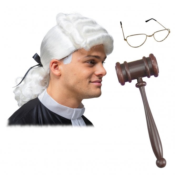 Adult High Court Judge Wig (Washington Style) + Half Moon Specs + Gavel