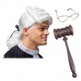 Adult High Court Judge Wig (Washington Style) + Half Moon Specs + Gavel