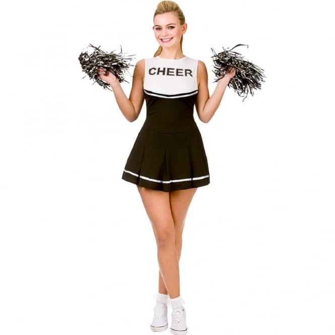Adult High School Cheerleader Black Dress + Pom Poms XS (UK 6-8)