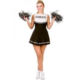 Adult High School Cheerleader Black Dress + Pom Poms XS (UK 6-8)