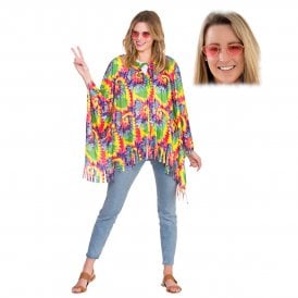 Adult Hippie Tie Dye Poncho + Pink Heart Shaped Specs