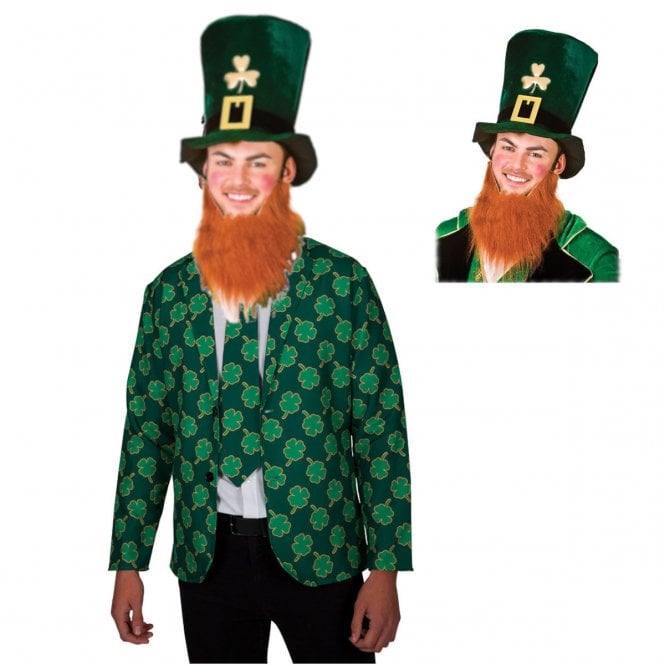 Adult Irish Jacket & Tie + St Patricks Top Hat with attached Beard