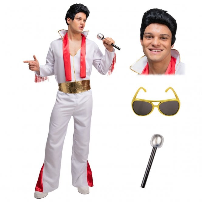 Adult King of Rock n Roll Costume + NEW 50's Rocker Wig + Mic + Gold Sunglasses