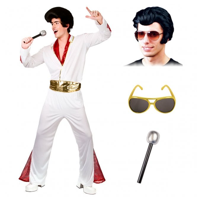 Adult King of Rock n Roll Costume + Rock n Roll King Wig + Mic + Gold Sunglasses