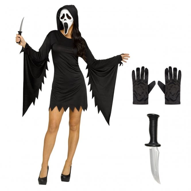  Adult Ladies Ghost Face® Glamour Costume + Horror Knife + Black Gloves