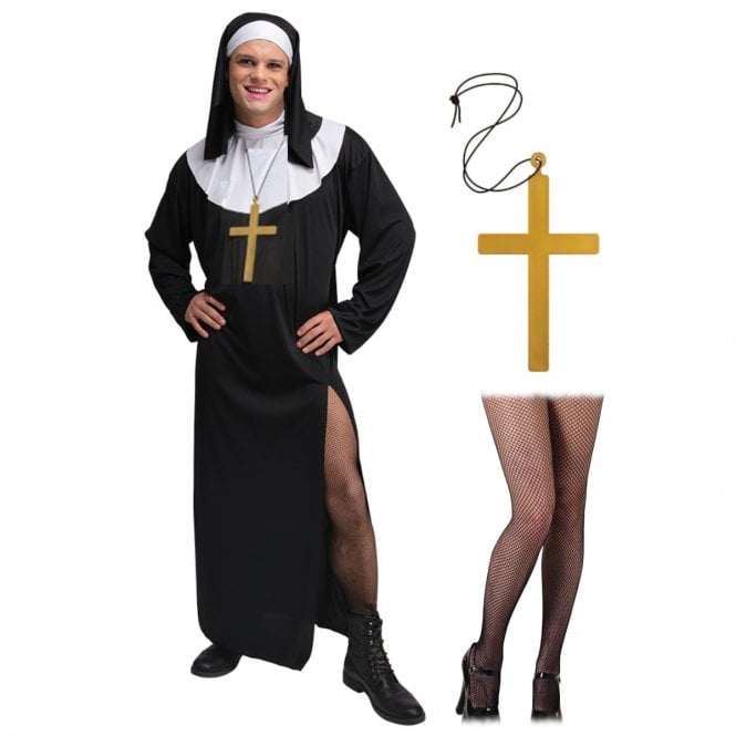 Adult Mens Funny Nun Costume + Large Gold Cross + Black Fishnet Tights