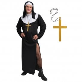 Adult Mens Funny Nun Costume + Large Gold Cross 