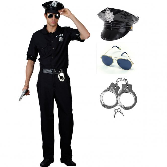 Adult New York Cop Costume + Police Hat + Aviator Glasses + Metal Handcuffs